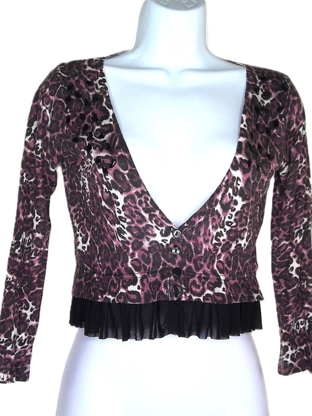 New bebe Cardigan Leopard Print Crop 3/4 Sleeve Mesh Ruffle Trim Jeweled Sz S
